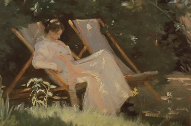 Die Frau des Künstlers sitzt in einem Gartenstuhl in Skagen, 1893